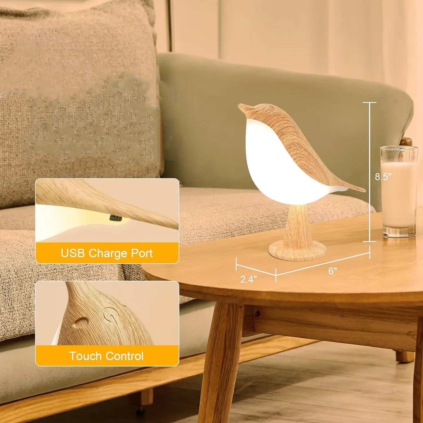 Bird Table Lamp – Touch Control, 3-Level Dimmable, Cordless & Rechargeable