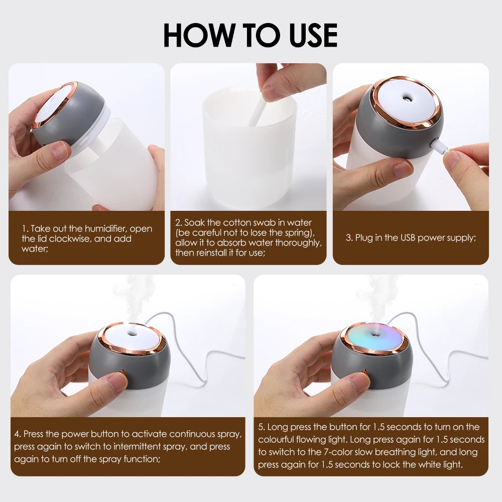 Mini LED Humidifier & Aroma Diffuser – 7 Color Ambient Light, USB, 320ml