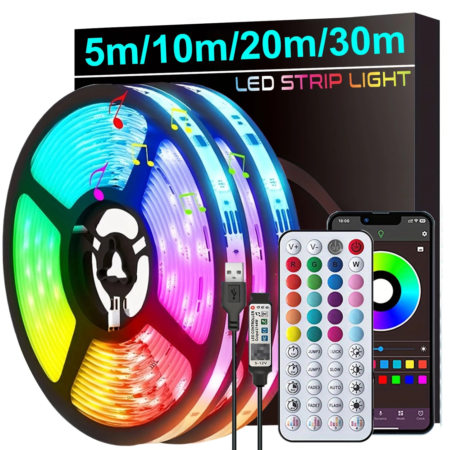 RGB LED Strip Lights 0,5–30M – Music Sync, App & Remote Control, CE Certified